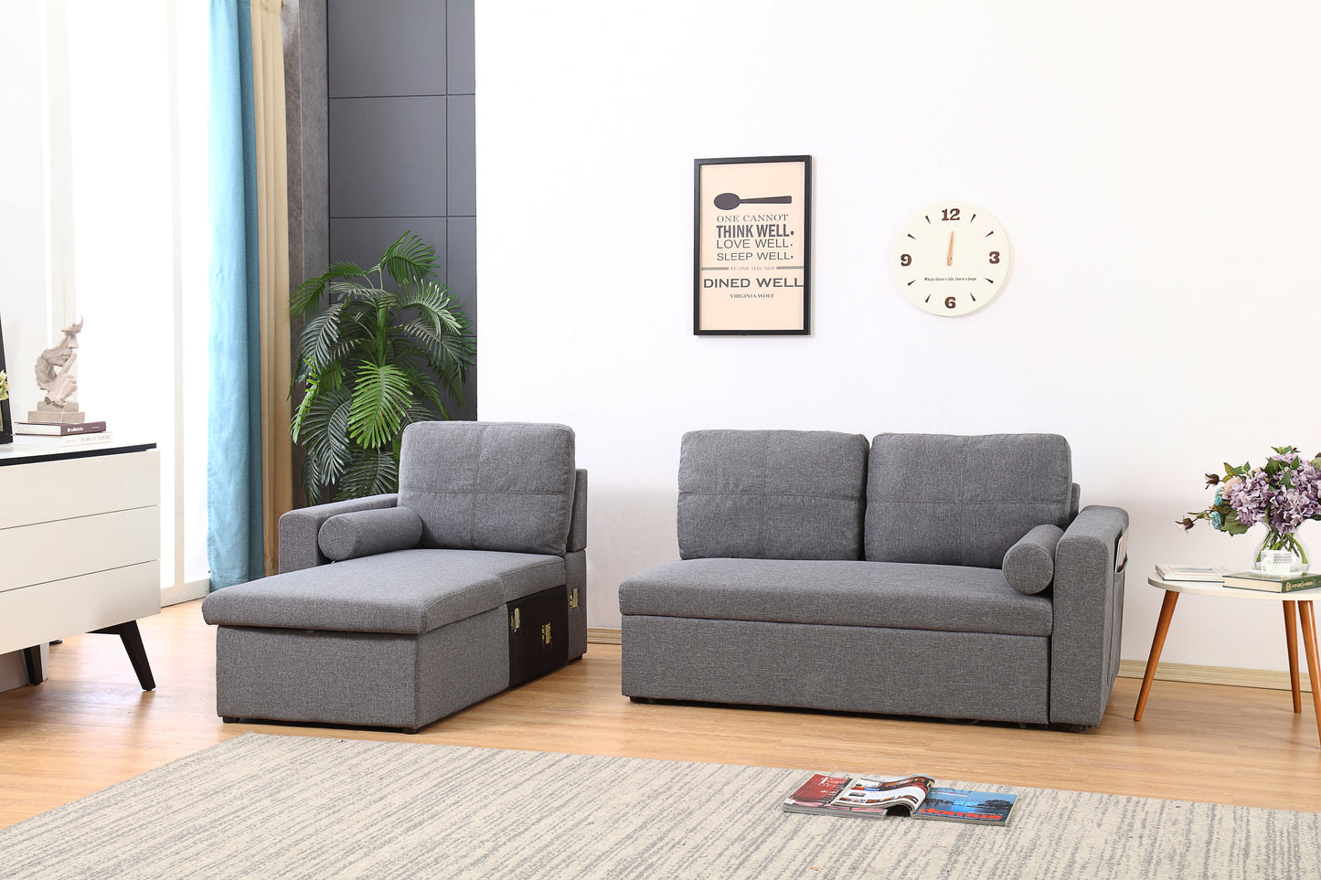 Grey Linen Sofa Bed | Chaise Lounge with Storage | 3-Seater Hidden Pull-Out Bed | Left & Right Configurable