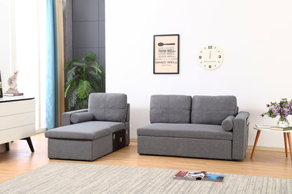 Grey Linen Sofa Bed | Chaise Lounge with Storage | 3-Seater Hidden Pull-Out Bed | Left & Right Configurable
