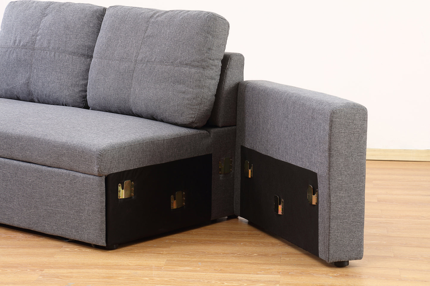 Grey Linen Sofa Bed | Chaise Lounge with Storage | 3-Seater Hidden Pull-Out Bed | Left & Right Configurable