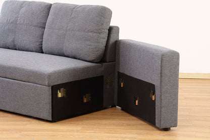 Grey Linen Sofa Bed | Chaise Lounge with Storage | 3-Seater Hidden Pull-Out Bed | Left & Right Configurable