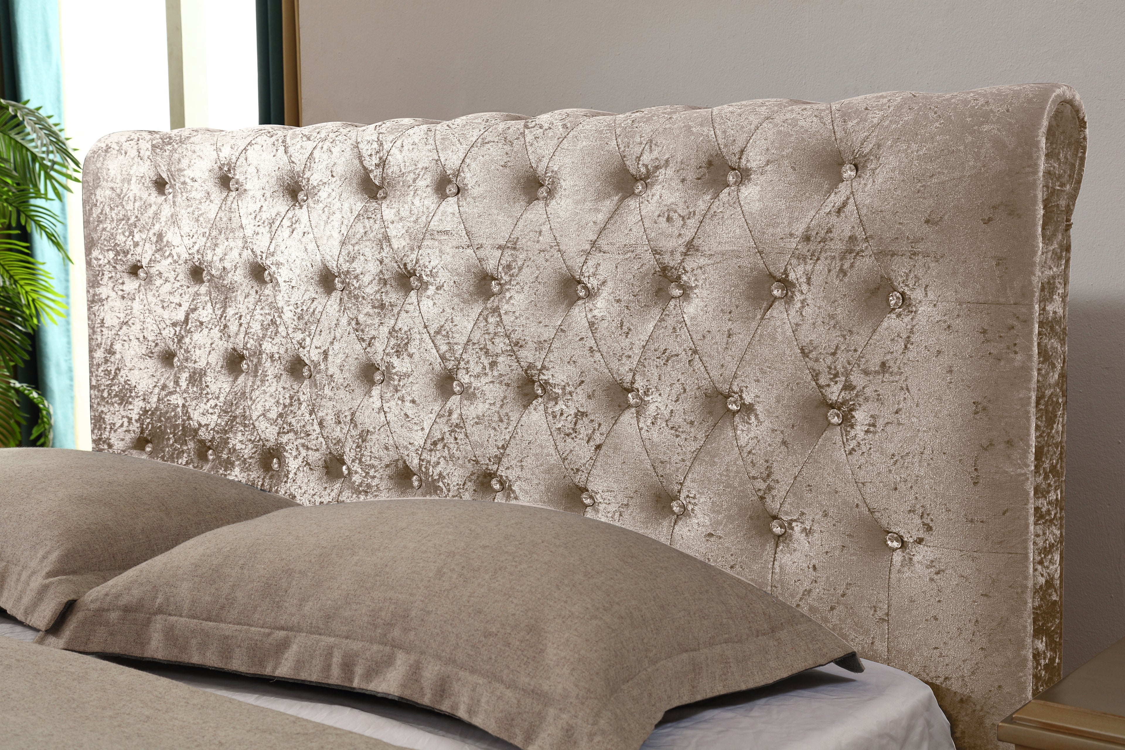 Side-Lift Gas Lift Storage Bed | Ice Flower Velvet | Crystal Button Tufting | Queen Size