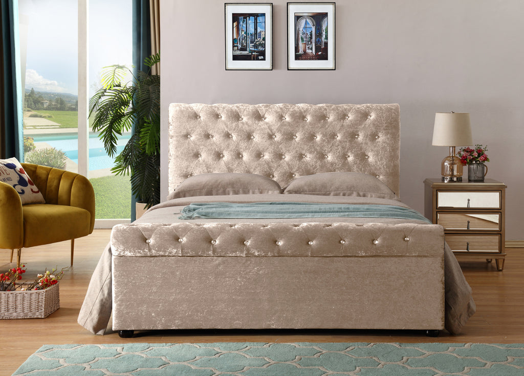 Side-Lift Gas Lift Storage Bed | Ice Flower Velvet | Crystal Button Tufting | Queen Size
