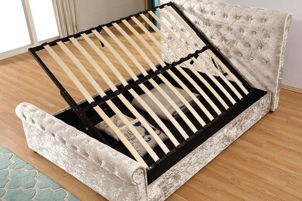 Side-Lift Gas Lift Storage Bed | Ice Flower Velvet | Crystal Button Tufting | Queen Size