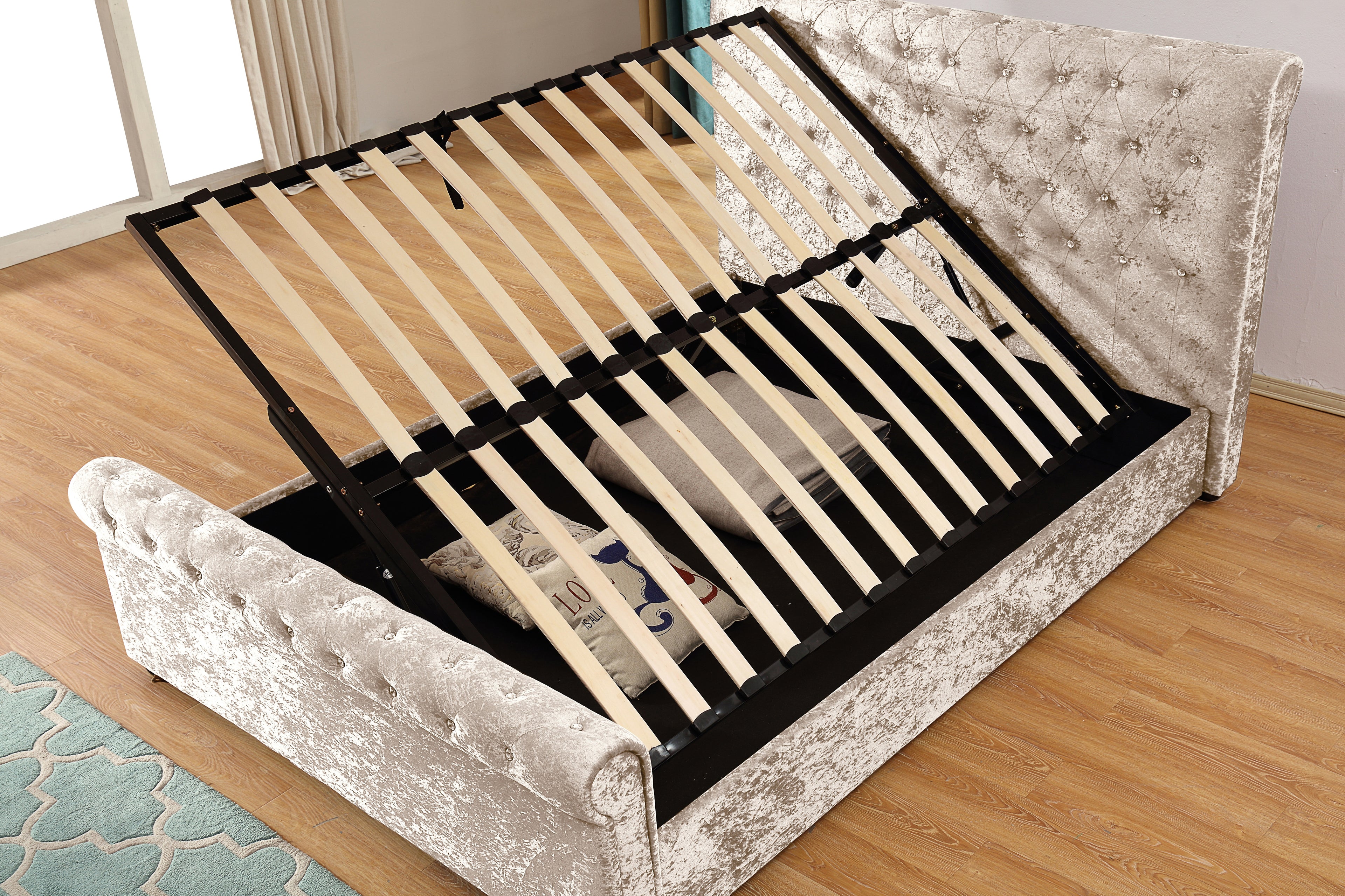 Side-Lift Gas Lift Storage Bed | Ice Flower Velvet | Crystal Button Tufting | Queen Size