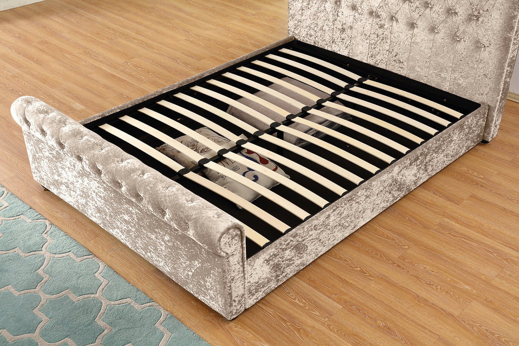 Side-Lift Gas Lift Storage Bed | Ice Flower Velvet | Crystal Button Tufting | Queen Size