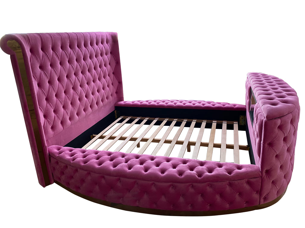 Royal Velvet TV Lift Bed — Queen Size | 42" Hidden TV | Side Storage | Rose Gold Frame