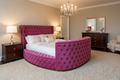 Royal Velvet TV Lift Bed — Queen Size | 42" Hidden TV | Side Storage | Rose Gold Frame