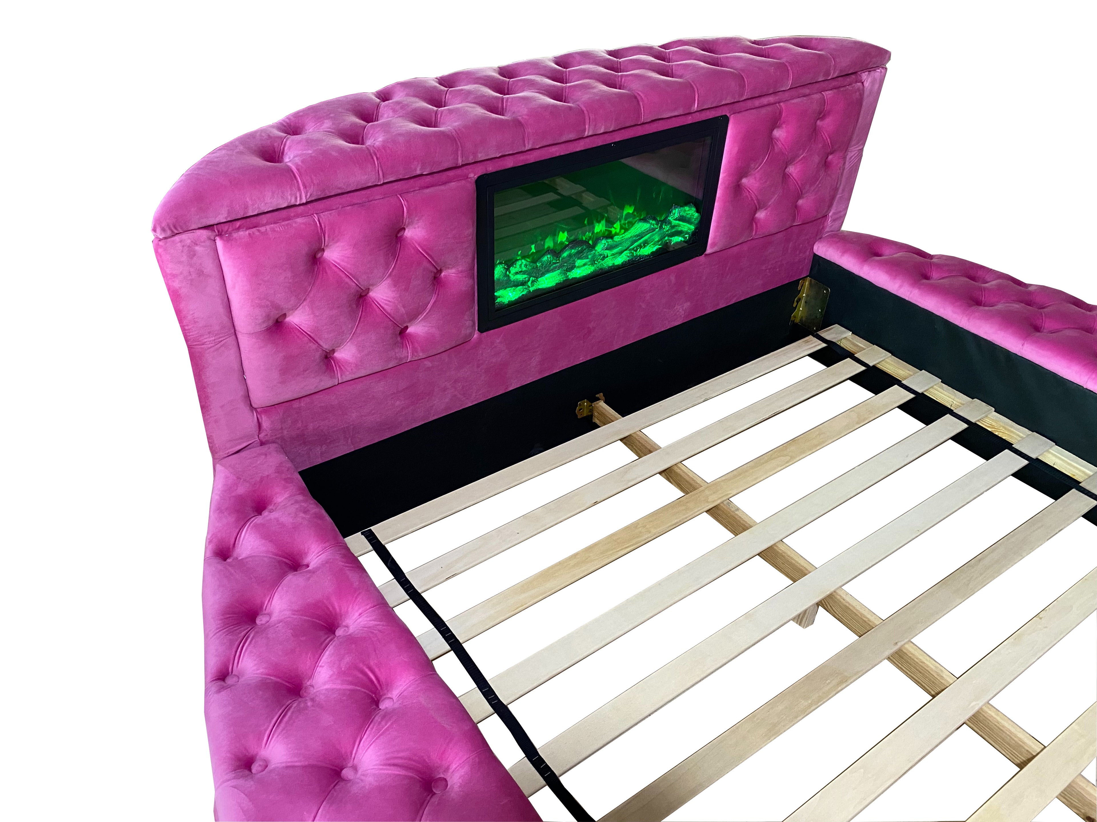 Royal Velvet TV Lift Bed — Queen Size | 42" Hidden TV | Side Storage | Rose Gold Frame