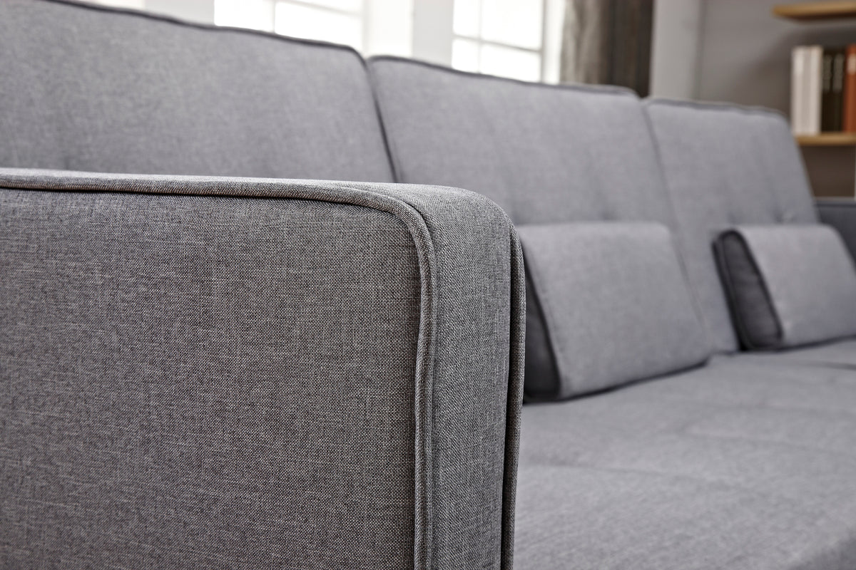 Linen 3-Seater Sofa Bed with Chaise & Solid Wood Legs