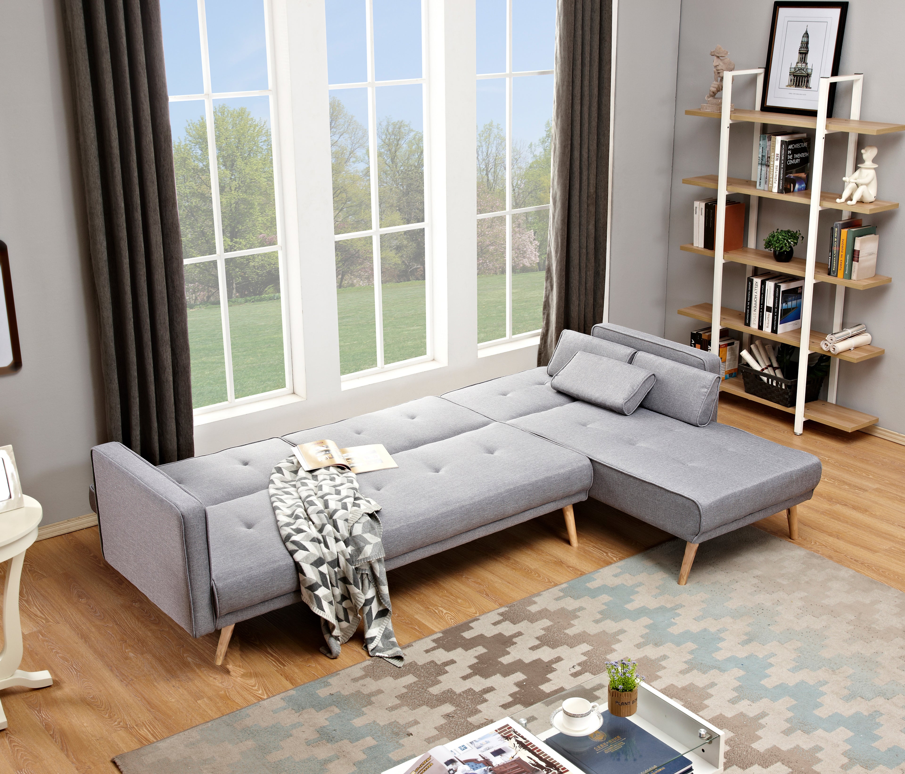 Linen 3-Seater Sofa Bed with Chaise & Solid Wood Legs