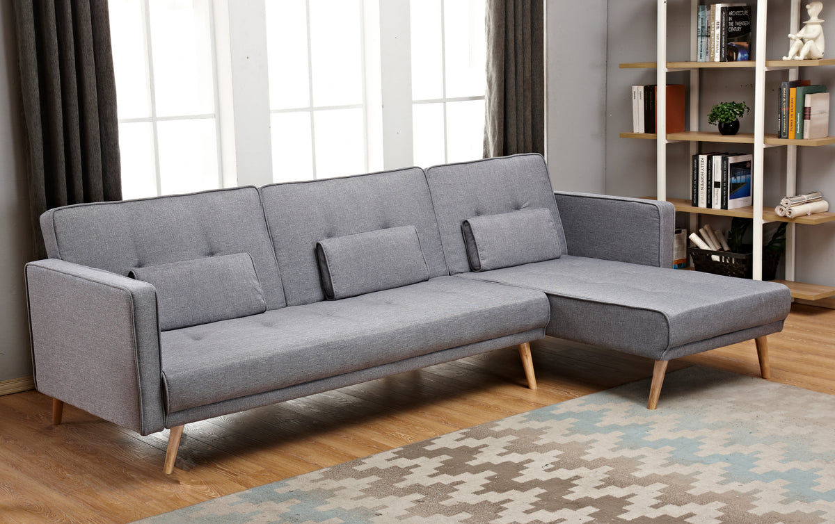 Linen 3-Seater Sofa Bed with Chaise & Solid Wood Legs