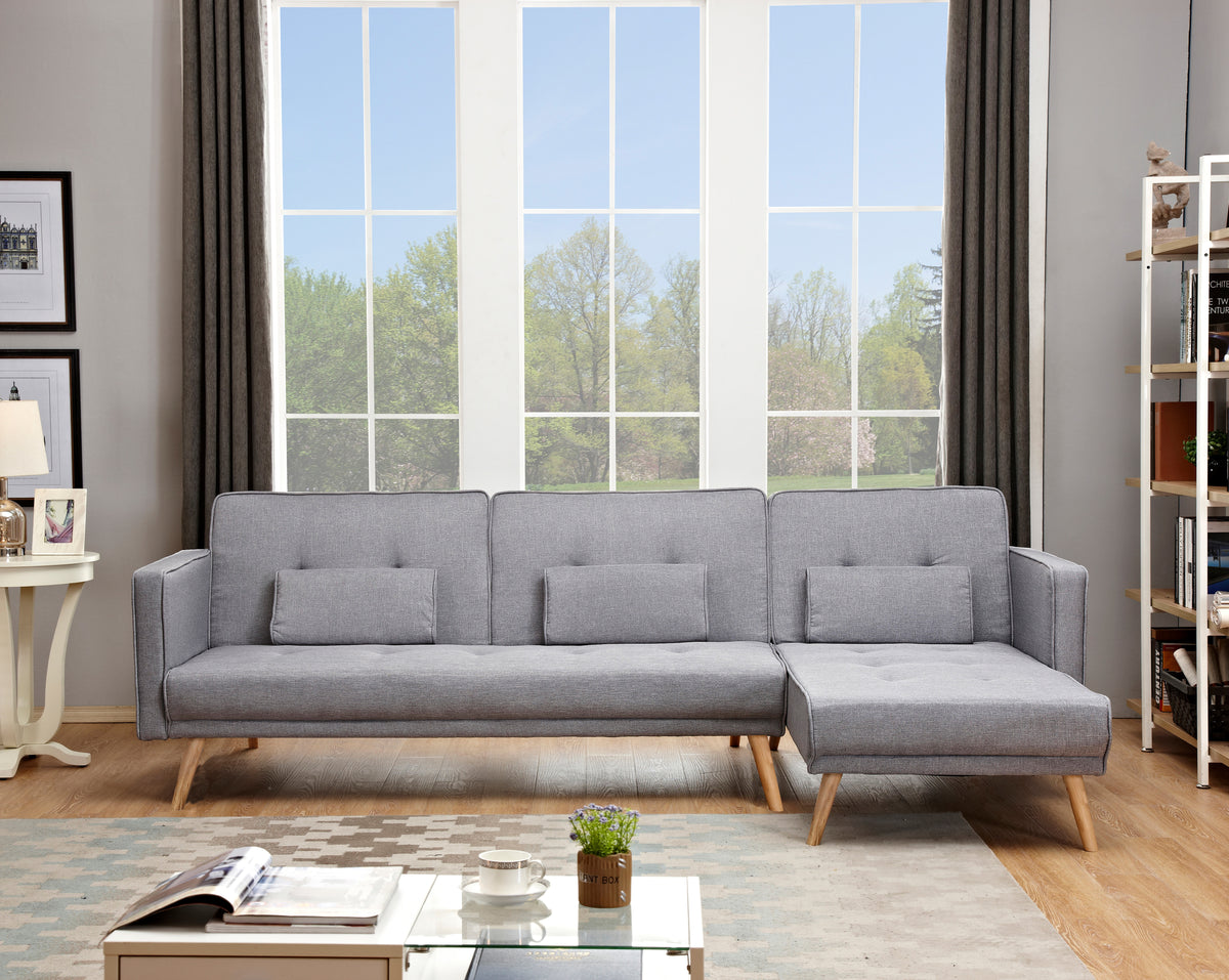 Linen 3-Seater Sofa Bed with Chaise & Solid Wood Legs