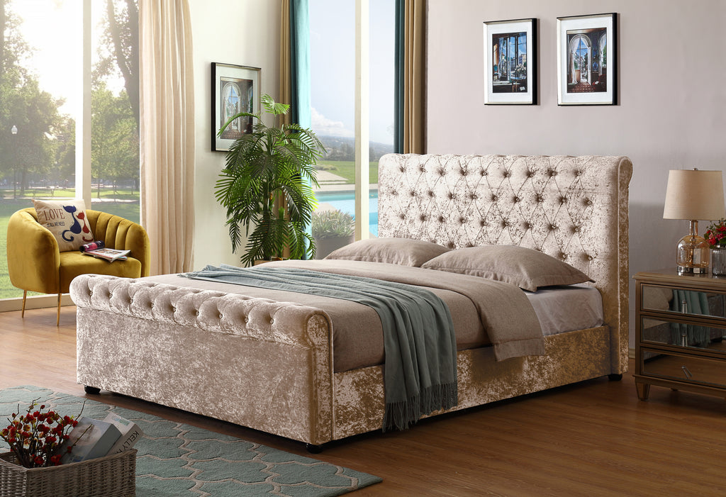 Side-Lift Gas Lift Storage Bed | Ice Flower Velvet | Crystal Button Tufting | Queen Size