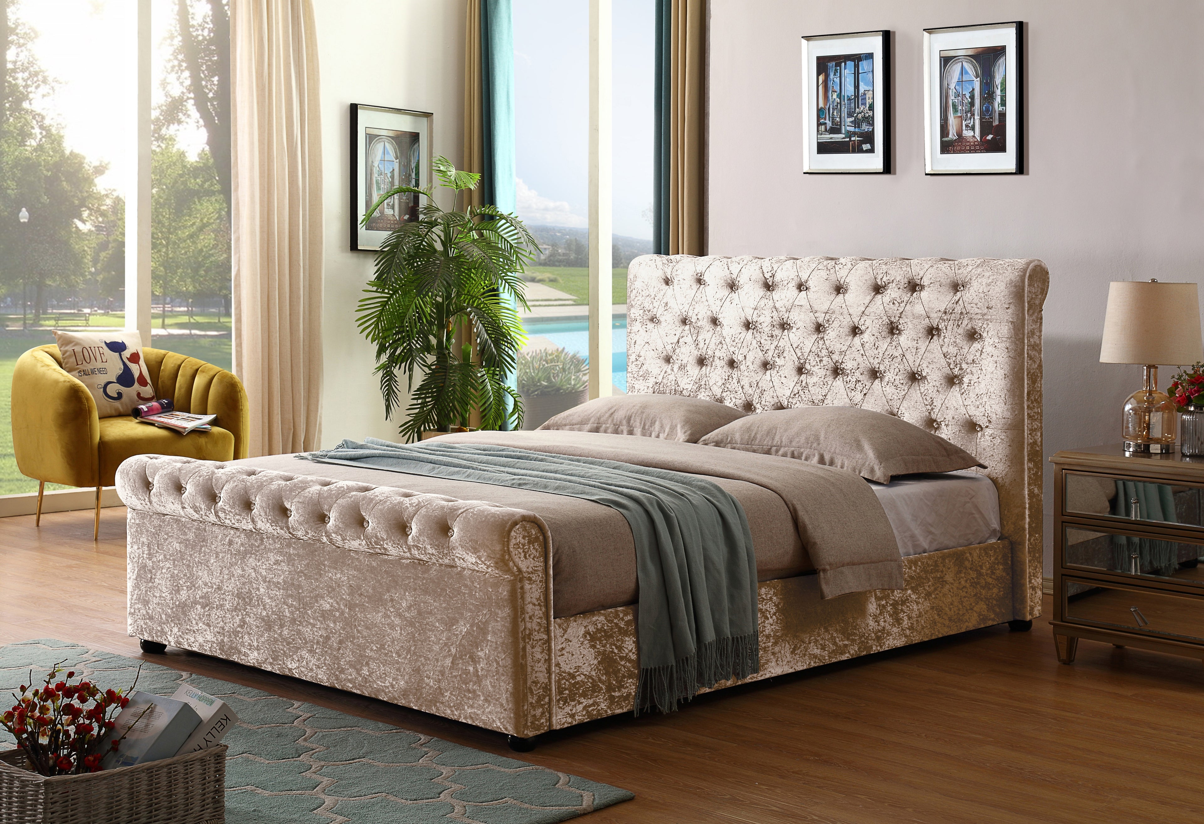 Side-Lift Gas Lift Storage Bed | Ice Flower Velvet | Crystal Button Tufting | Queen Size