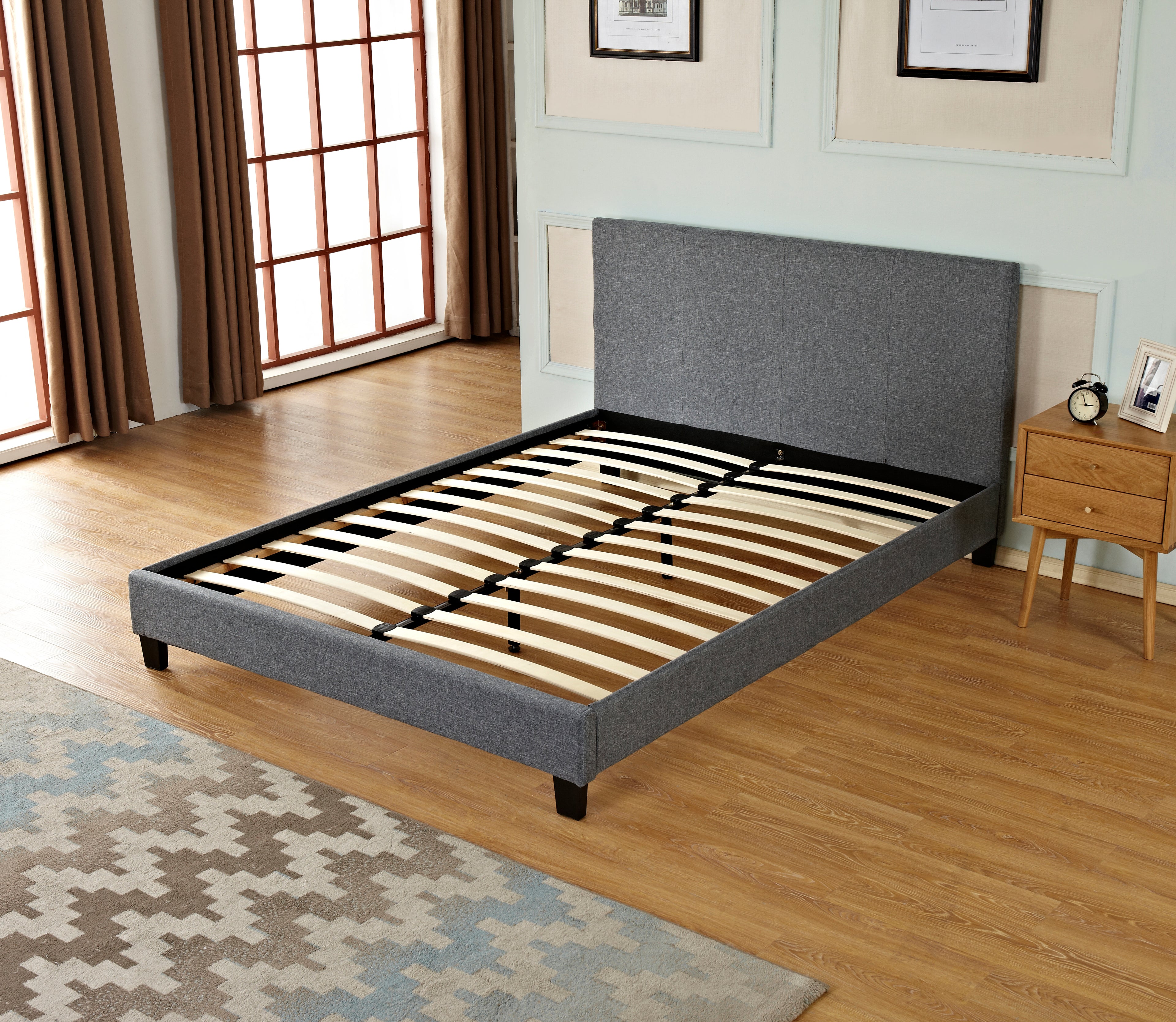 Simple Linen Upholstered Bed | Poplar Wood Slat & Metal Support Frame | Plastic Legs | Budget-Friendly