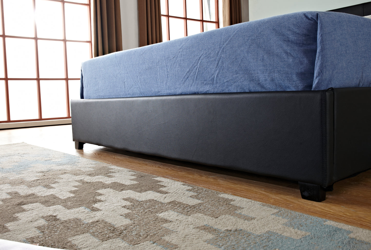 Gas Lift Storage Bed | Faux Leather Upholstery | Poplar Wood Slats & Metal Center Rail Support