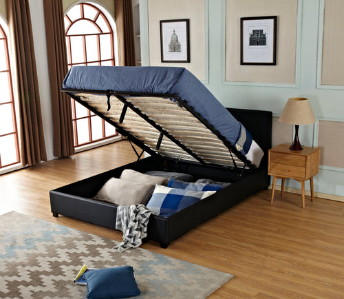 Gas Lift Storage Bed | Faux Leather Upholstery | Poplar Wood Slats & Metal Center Rail Support