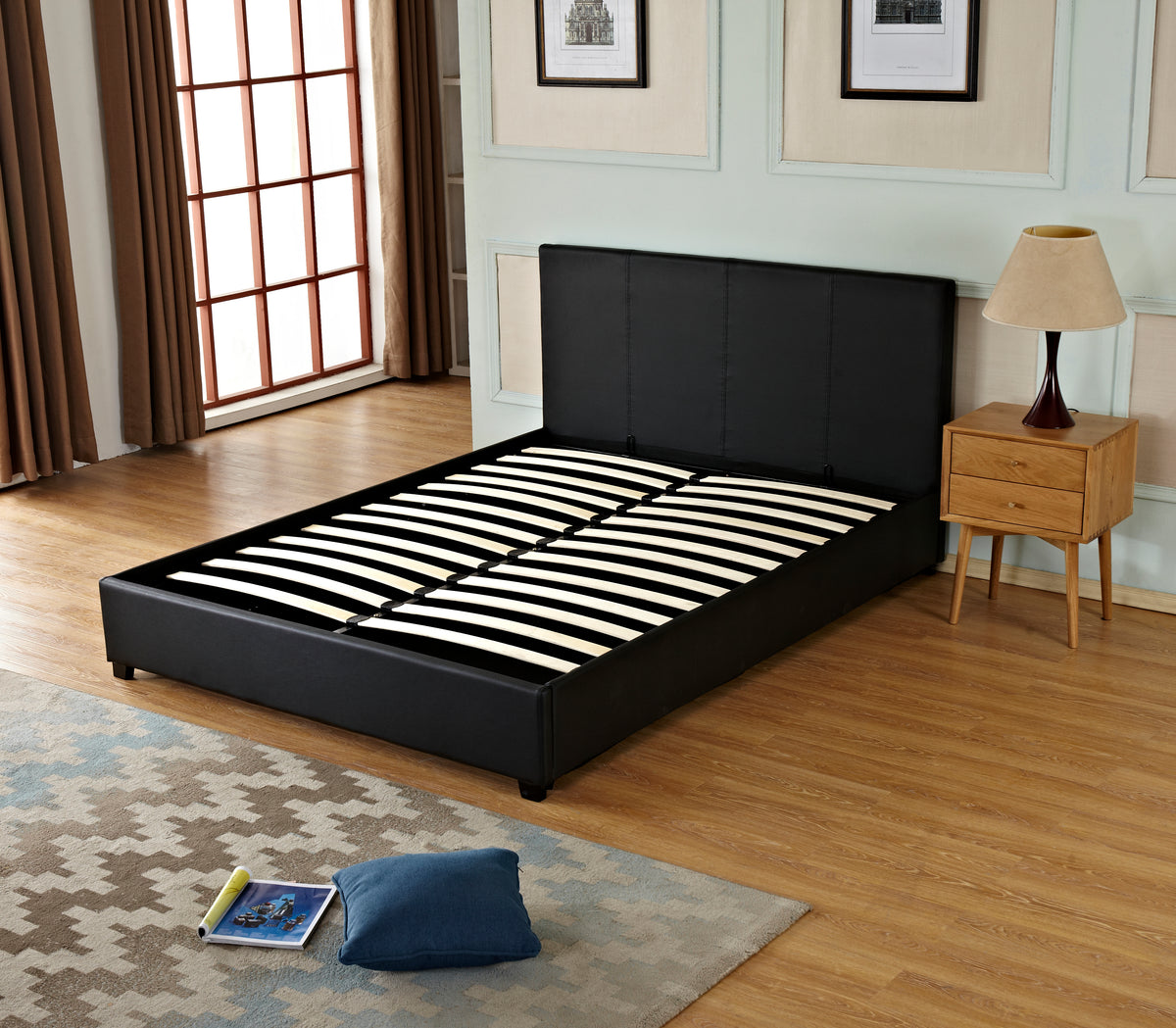 Gas Lift Storage Bed | Faux Leather Upholstery | Poplar Wood Slats & Metal Center Rail Support