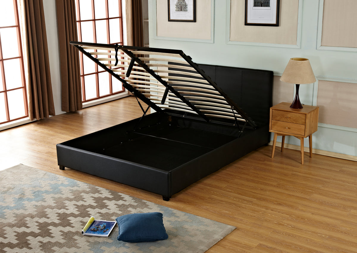 Gas Lift Storage Bed | Faux Leather Upholstery | Poplar Wood Slats & Metal Center Rail Support