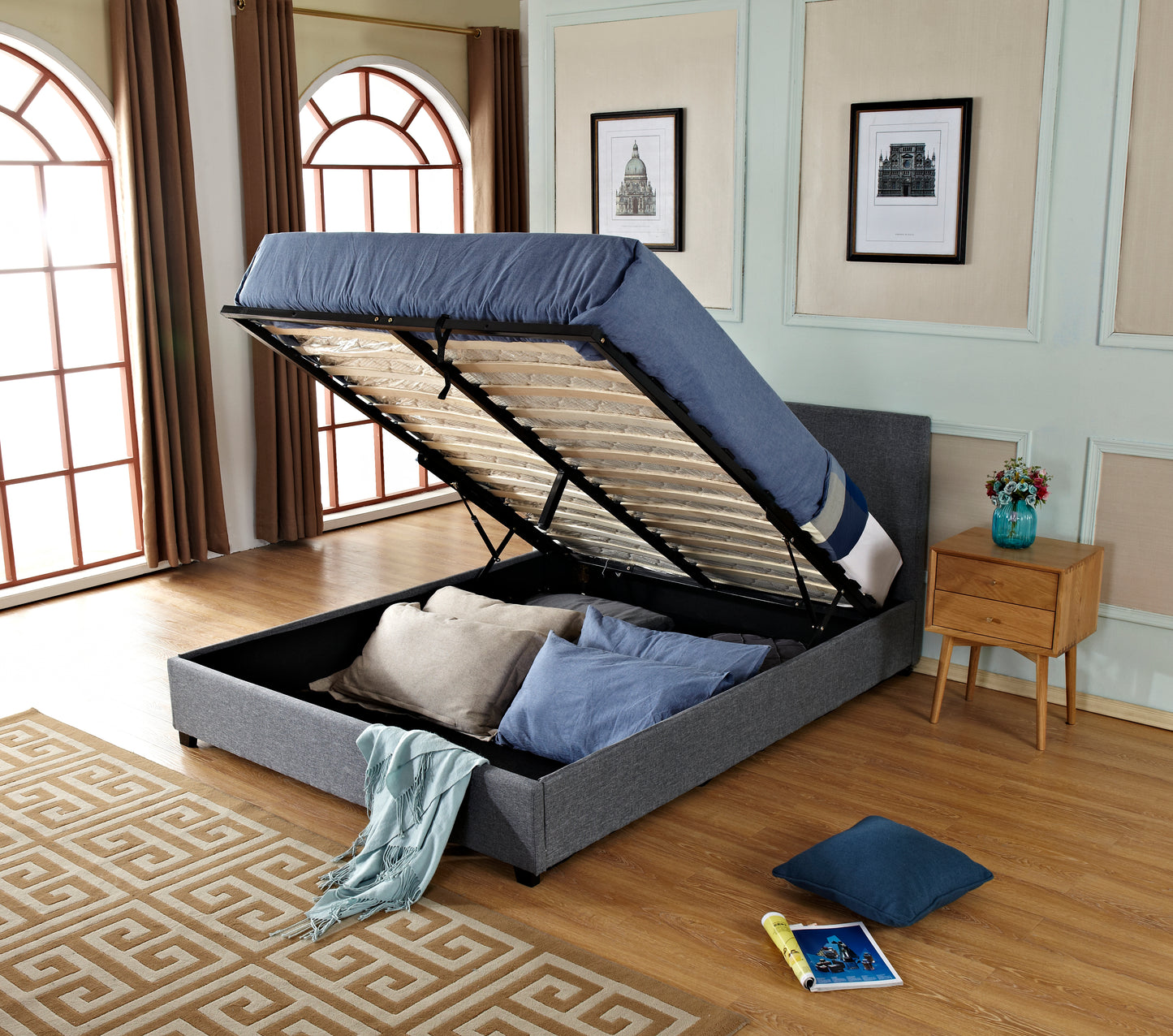 Gas Lift Storage Bed | Queen Size | Linen Fabric Upholstery | Poplar Wood Slats & Metal Center Rail Support