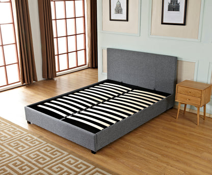 Gas Lift Storage Bed | Queen Size | Linen Fabric Upholstery | Poplar Wood Slats & Metal Center Rail Support