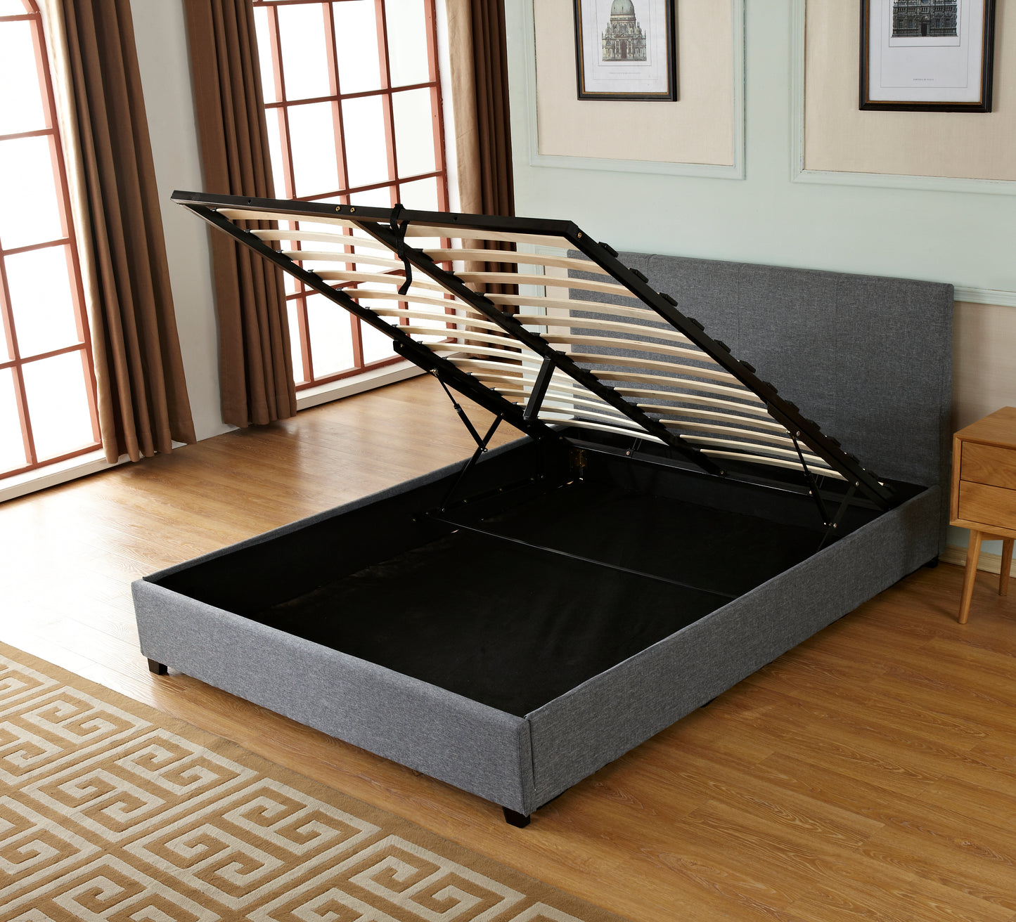 Gas Lift Storage Bed | Queen Size | Linen Fabric Upholstery | Poplar Wood Slats & Metal Center Rail Support
