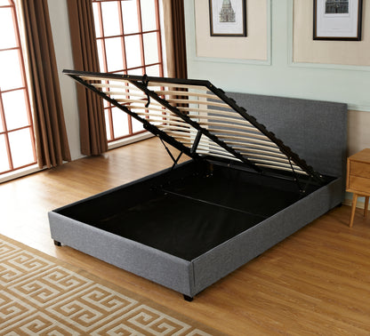 Gas Lift Storage Bed | Queen Size | Linen Fabric Upholstery | Poplar Wood Slats & Metal Center Rail Support