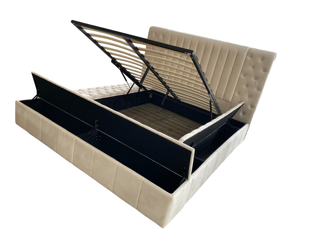 Dutch Velvet Gas-Lift Storage Bed Frame with Tufted Headboard