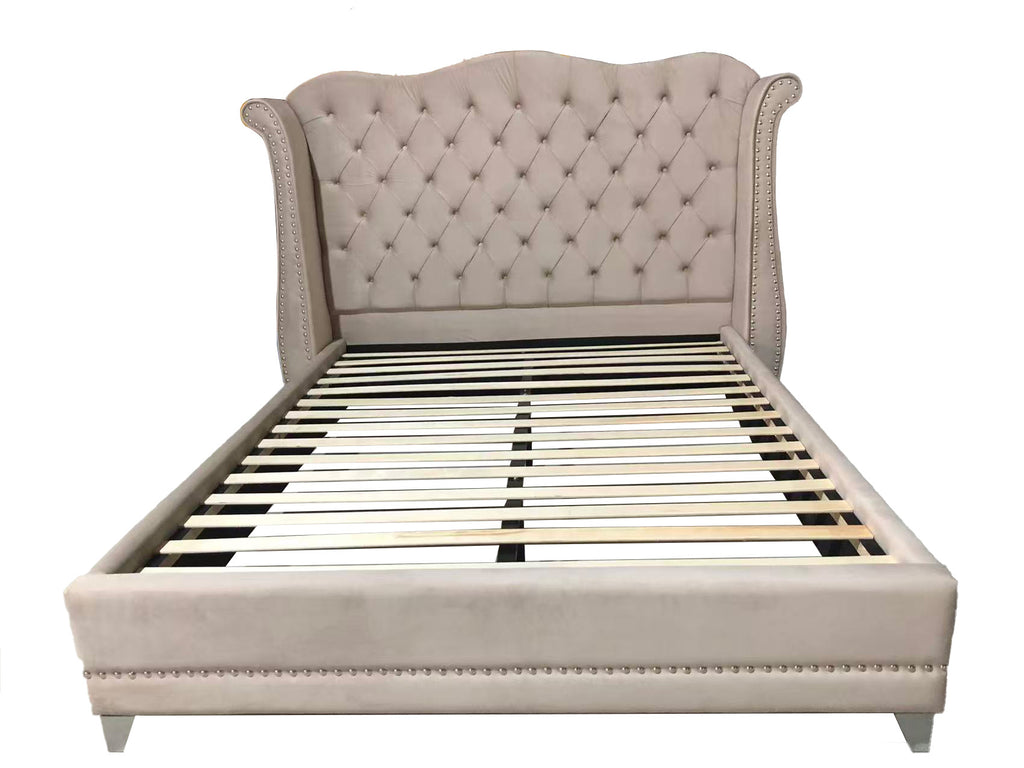 Linen Button-Tufted Wingback Bed with Nailhead Trim