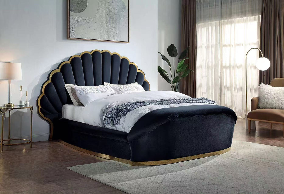 Shell-Shaped Luxury Velvet Bed with Hidden Lift TV Cabinet | Rose Gold Stainless Steel Trim