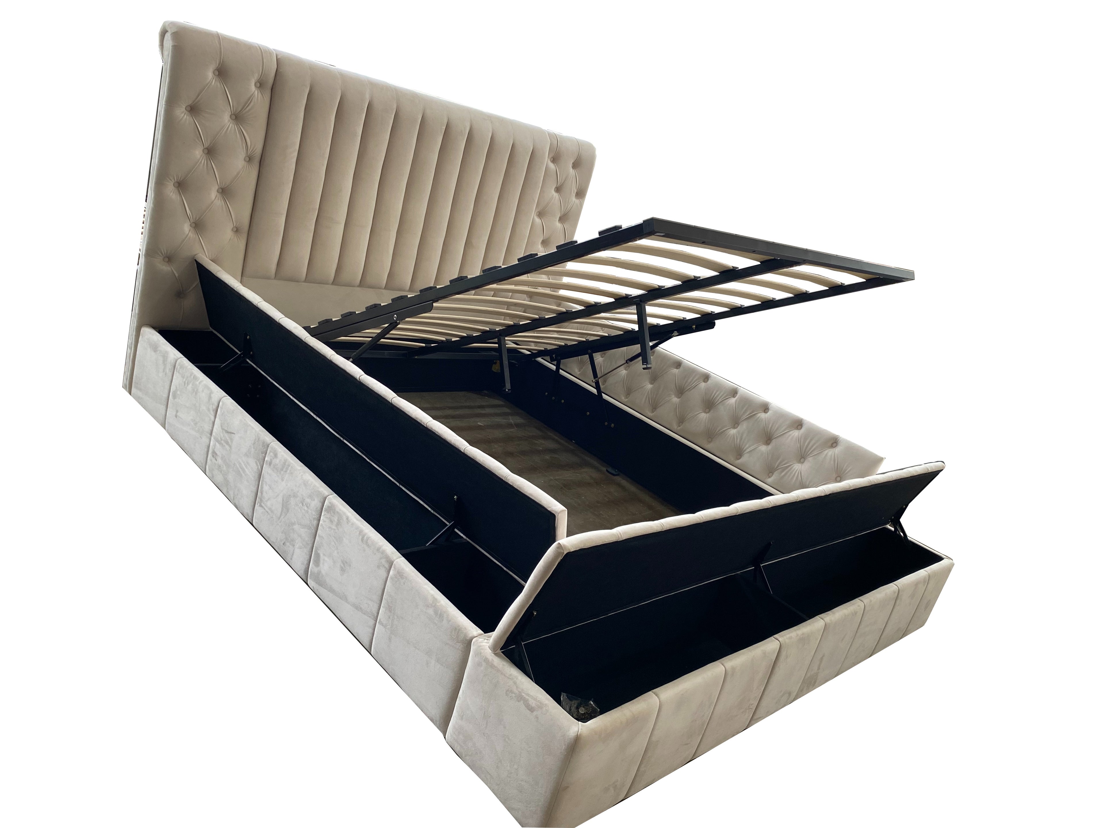 Dutch Velvet Gas-Lift Storage Bed Frame with Tufted Headboard