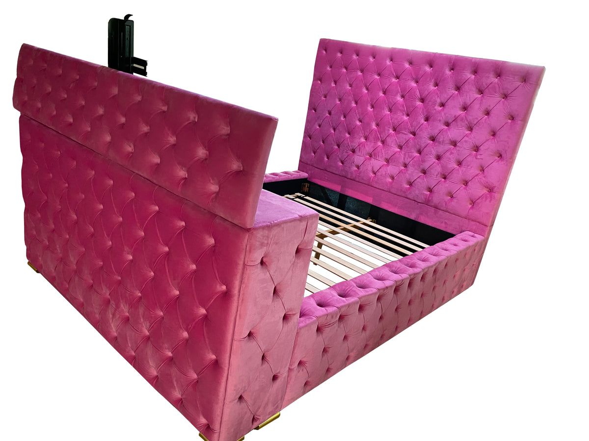 Pink Dutch Velvet Bed Frame with Hidden 42" TV Lift & All-Around Button Tufting