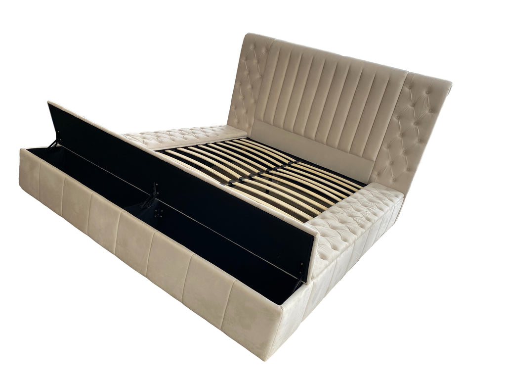 Dutch Velvet Gas-Lift Storage Bed Frame with Tufted Headboard