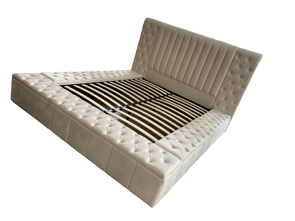 Dutch Velvet Gas-Lift Storage Bed Frame with Tufted Headboard