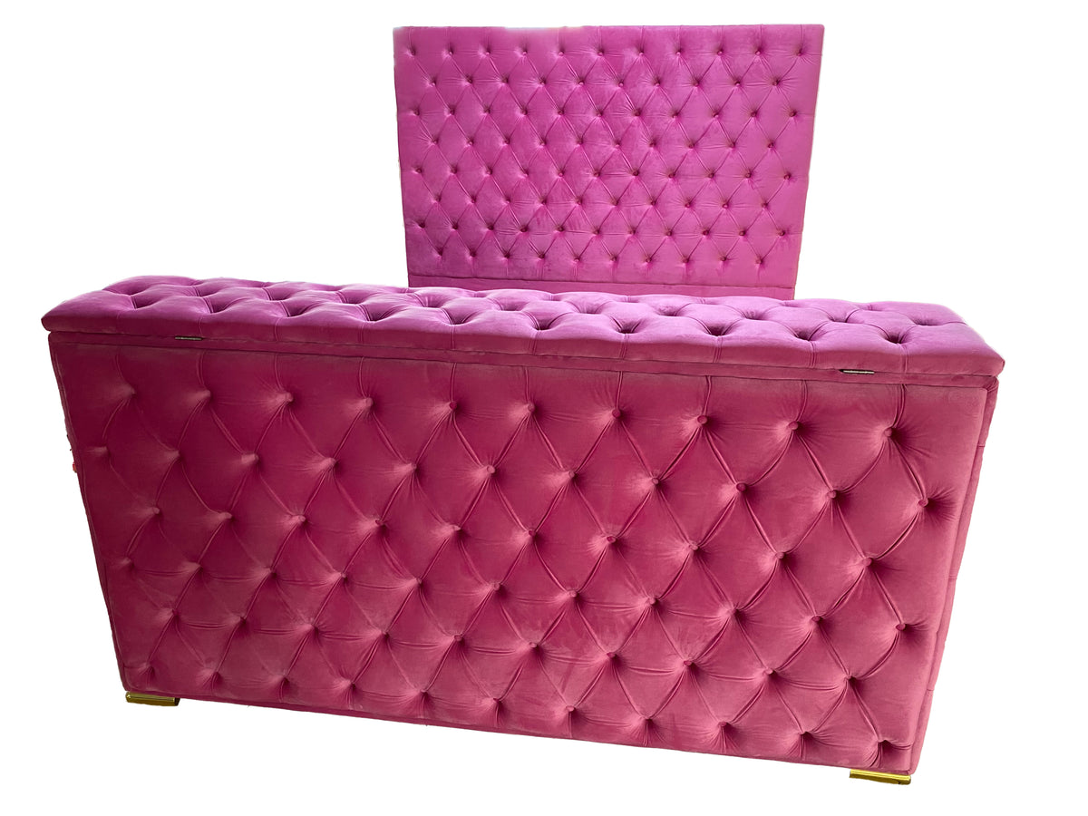 Pink Dutch Velvet Bed Frame with Hidden 42" TV Lift & All-Around Button Tufting