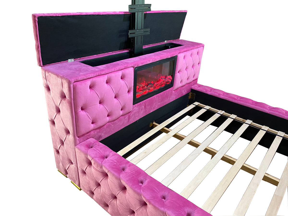 Pink Dutch Velvet Bed Frame with Hidden 42" TV Lift & All-Around Button Tufting