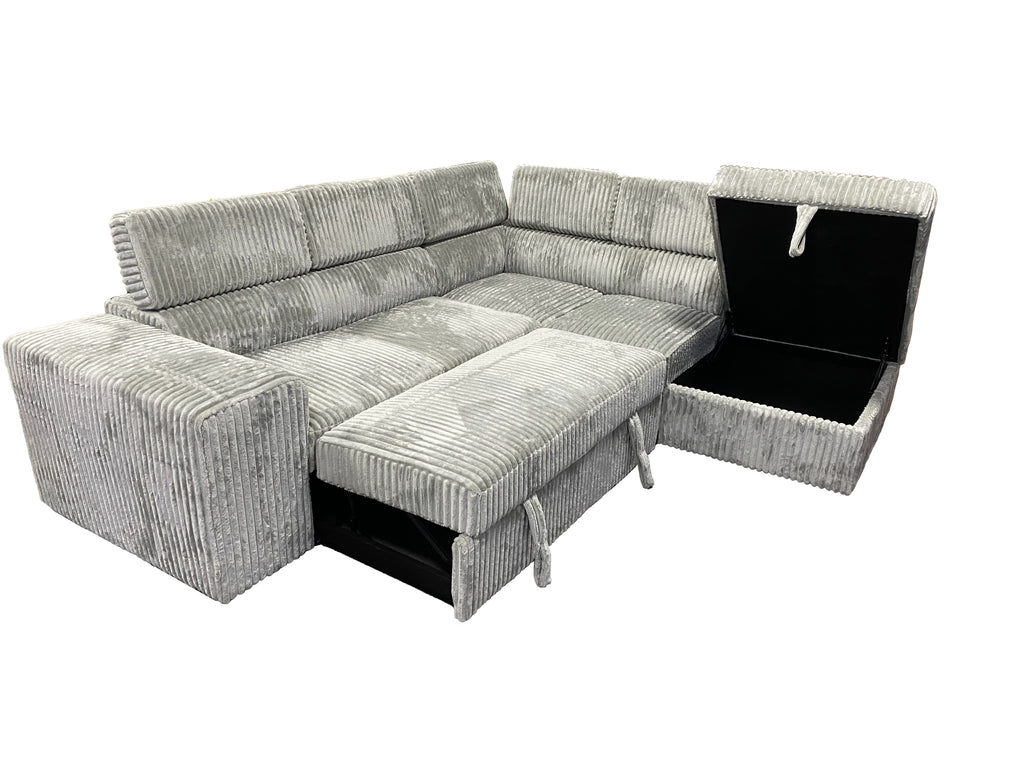 L-Shaped Sectional Sofa Bed with Adjustable Headrests & Hidden Pull-Out Bed | Grey Corduroy
