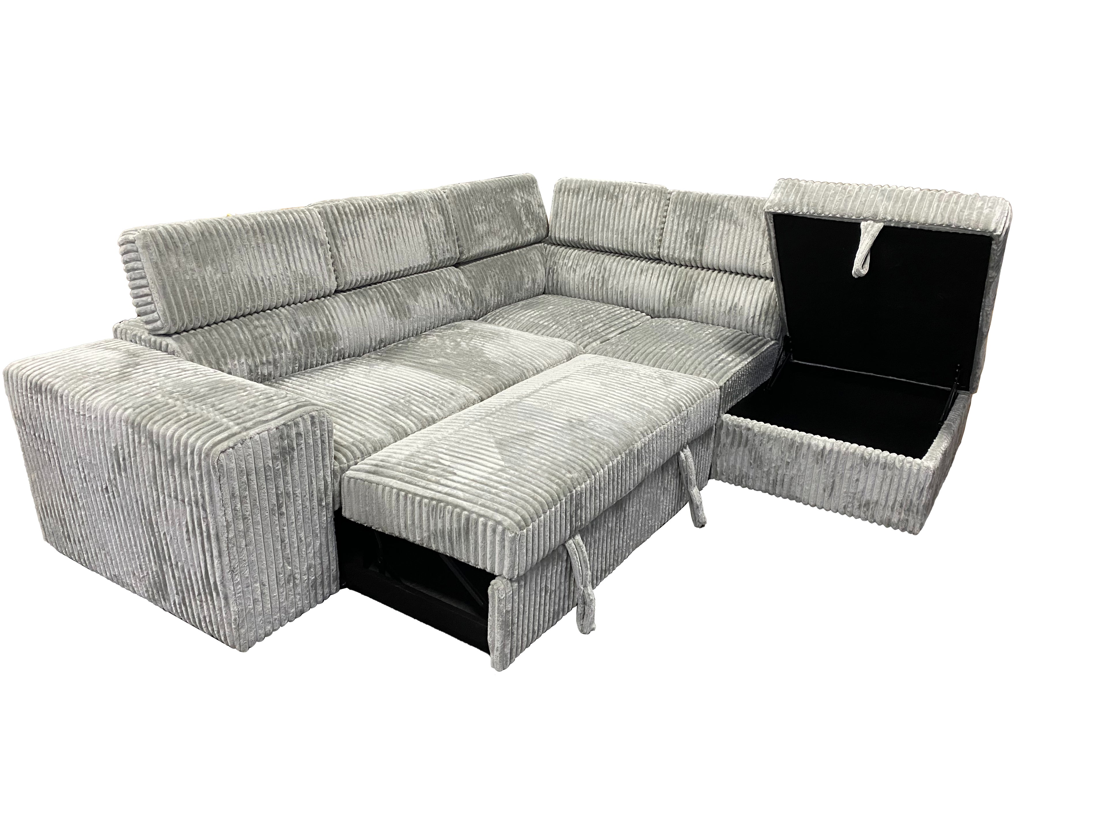L-Shaped Sectional Sofa Bed with Adjustable Headrests & Hidden Pull-Out Bed | Grey Corduroy
