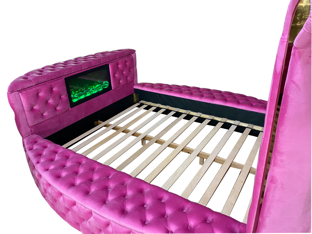 Royal Velvet TV Lift Bed — Queen Size | 42" Hidden TV | Side Storage | Rose Gold Frame