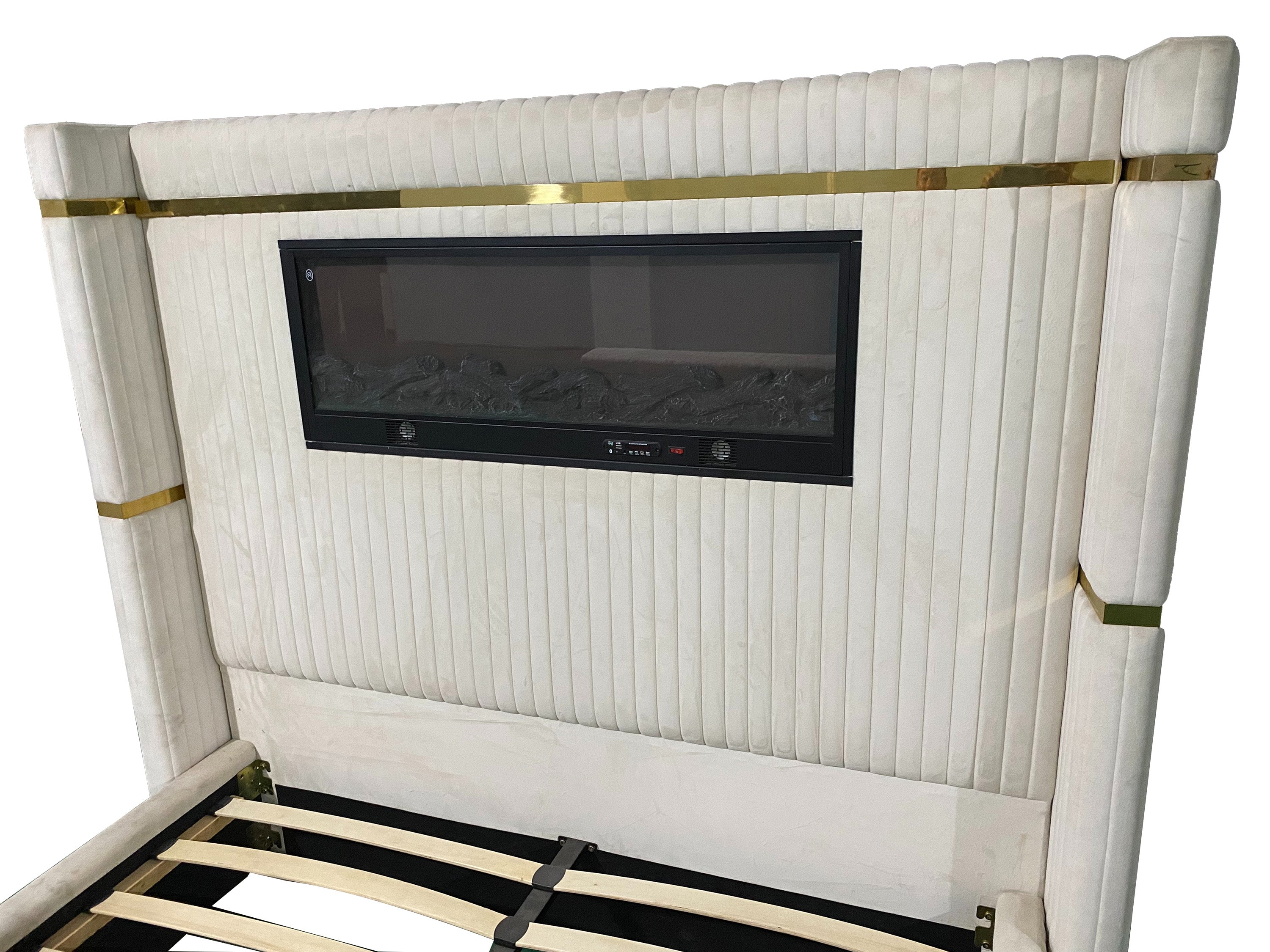 Luxury Beige Dutch Velvet Bed with Hidden TV Cabinet & Fireplace Headboard