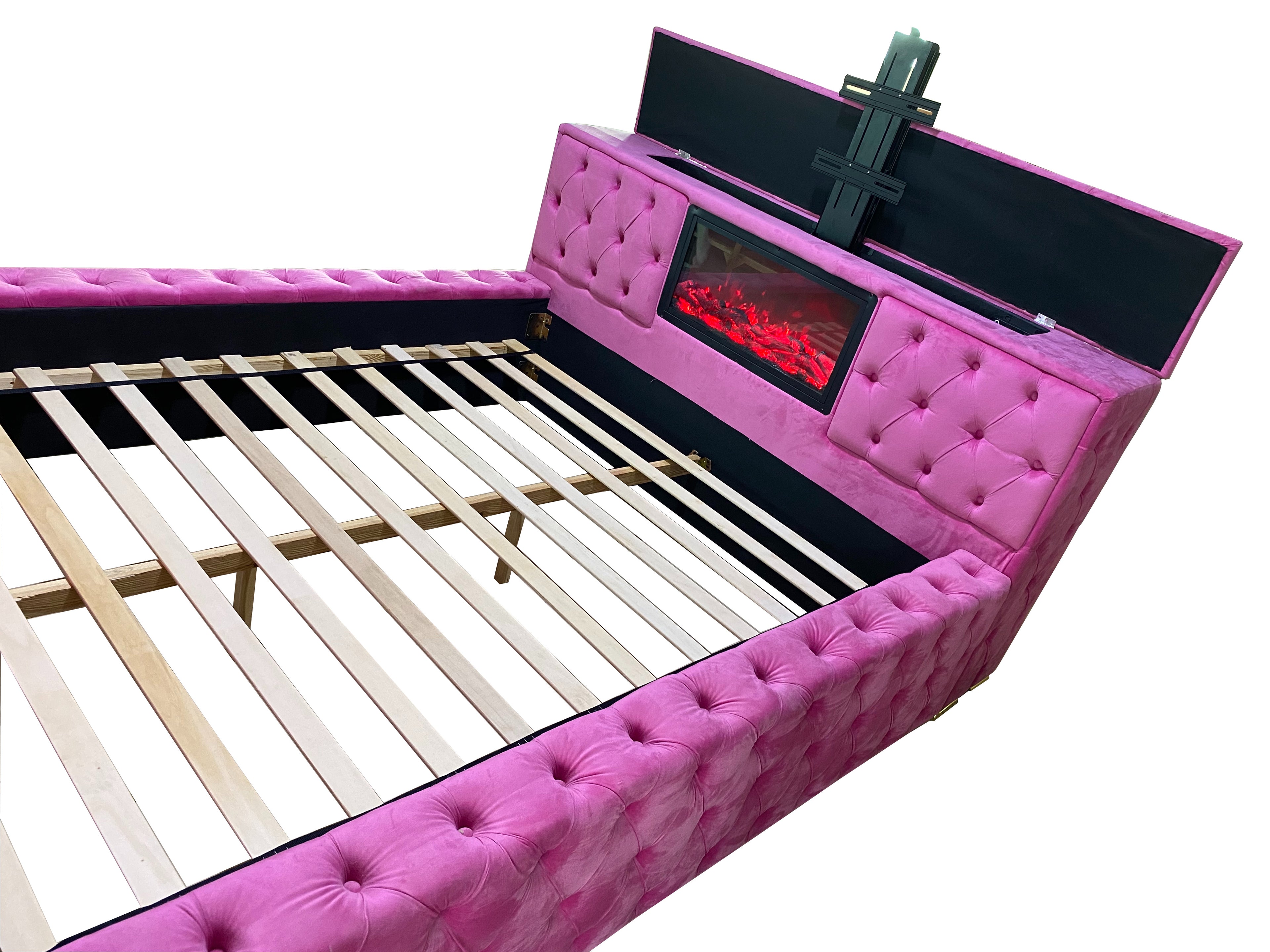 Pink Dutch Velvet Bed Frame with Hidden 42" TV Lift & All-Around Button Tufting