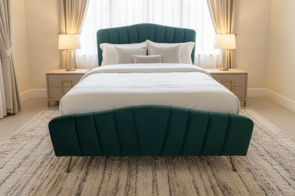Emerald Green Velvet Bed with Bedroom Background