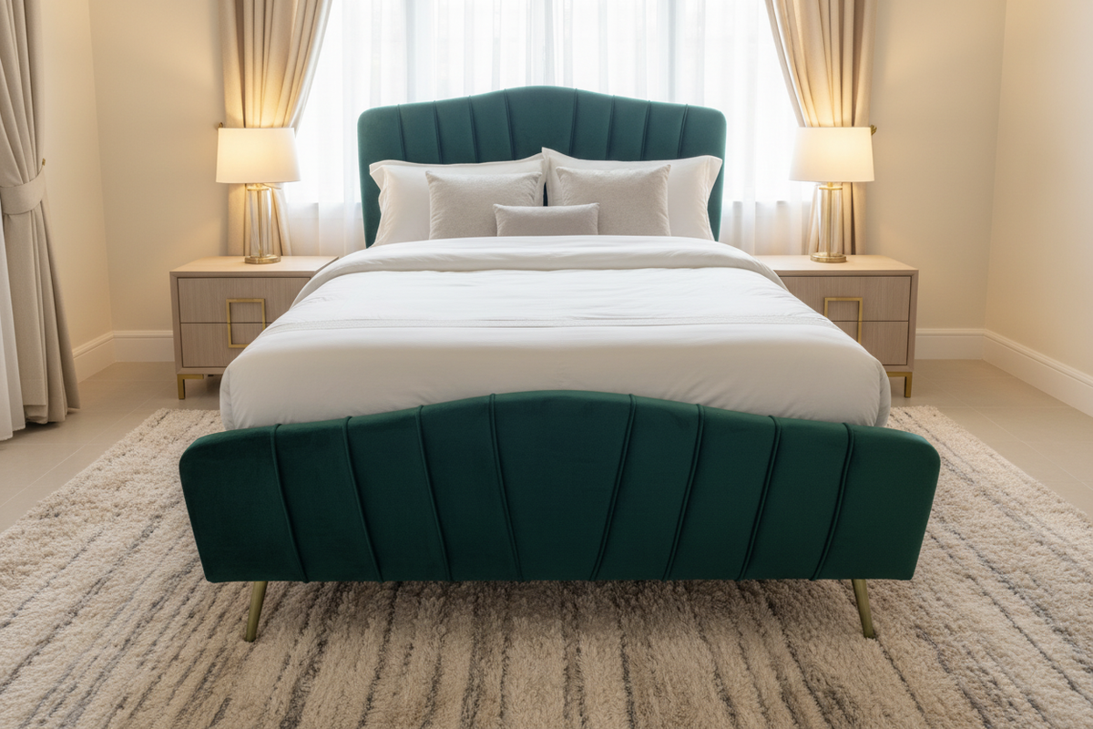 Emerald Green Velvet Bed with Bedroom Background