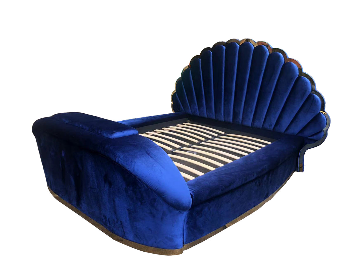 Shell-Shaped Luxury Velvet Bed with Hidden Lift TV Cabinet | Rose Gold Stainless Steel Trim
