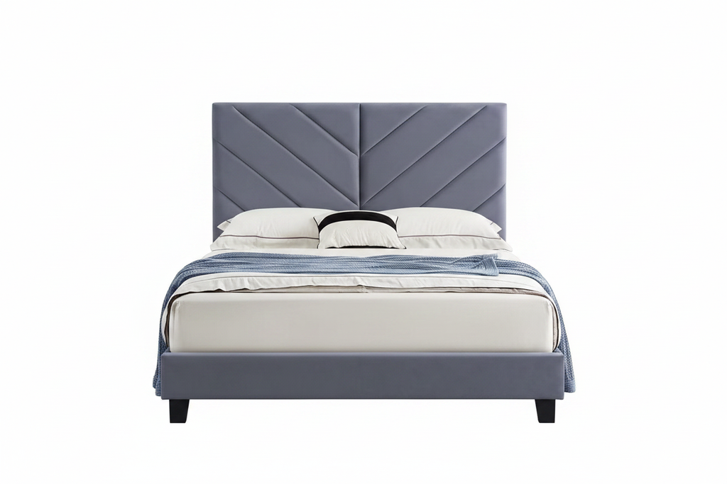 Gray Velvet Platform Bed Front View