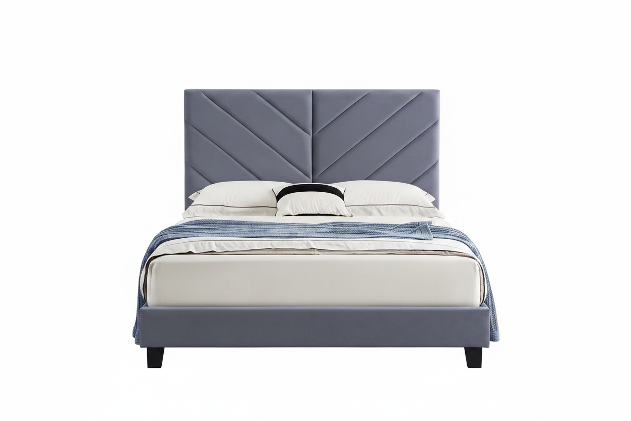 Gray Velvet Platform Bed Front View