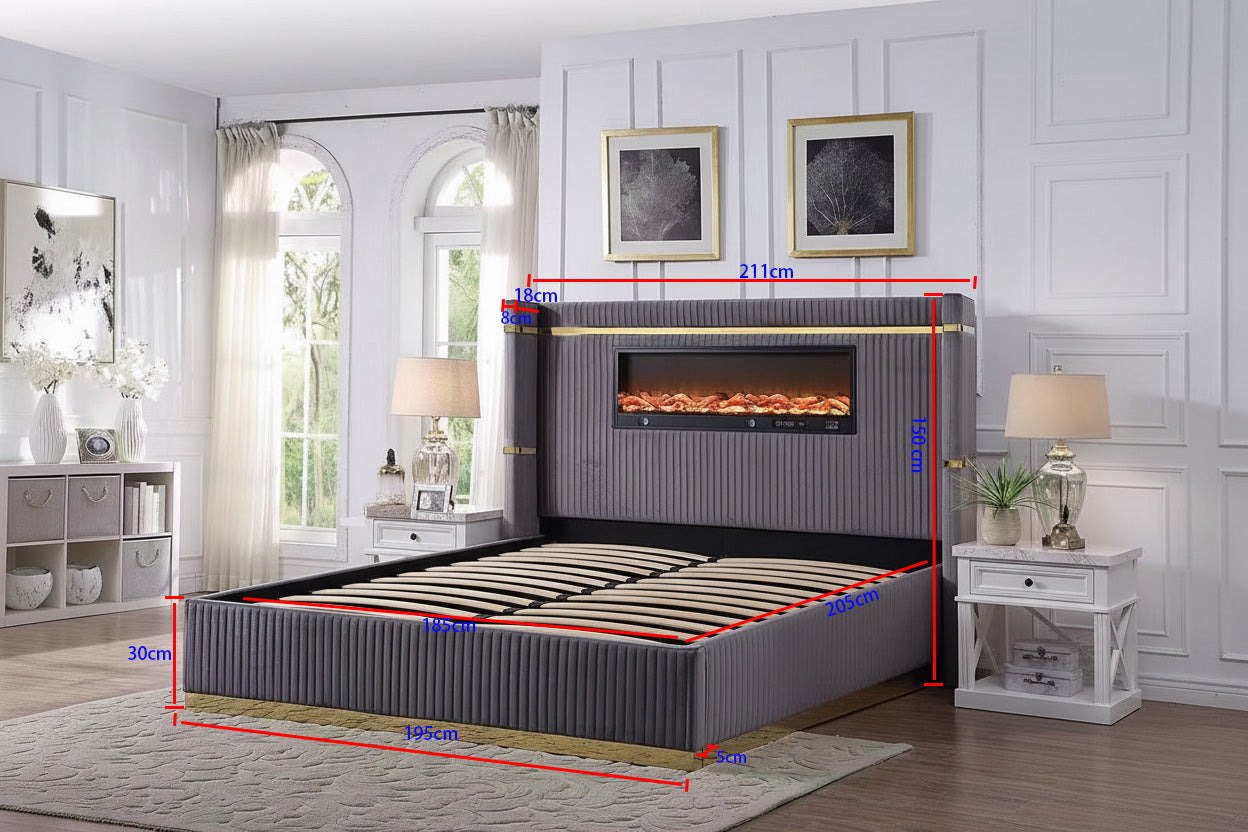 Dutch Velvet Fireplace Bed with Rose Gold Stainless Steel Trim