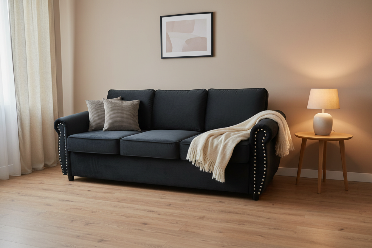 Black Dutch Velvet Sofa Bed with Hidden Pull-Out Mattress | 160×200cm