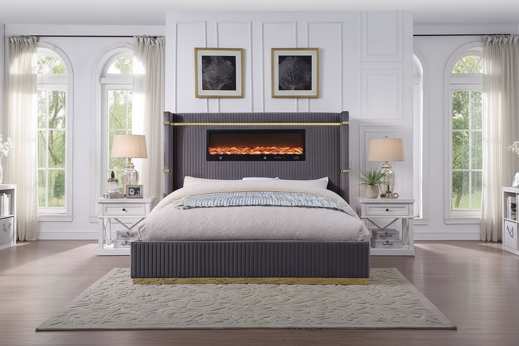 Dutch Velvet Fireplace Bed with Rose Gold Stainless Steel Trim