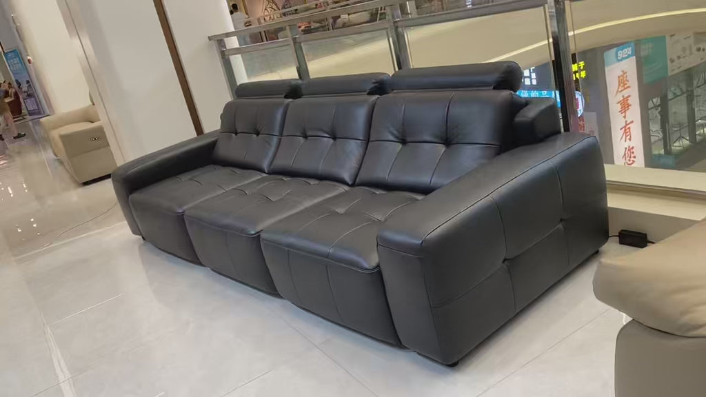 Electric Recliner Sofa Bed | Top-Grain Black Leather | 3-Seat Independent Control